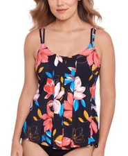 SWIM SOLUTIONS Pleated Tankini Top Size 16 Black Floral Print Retail 78