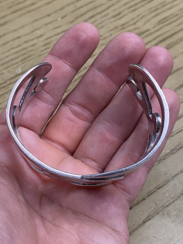 Symmetrical Design Wide Sterling Silver Cuff Bracelet by WM, Vintage Modernist - Picture 2 of 4