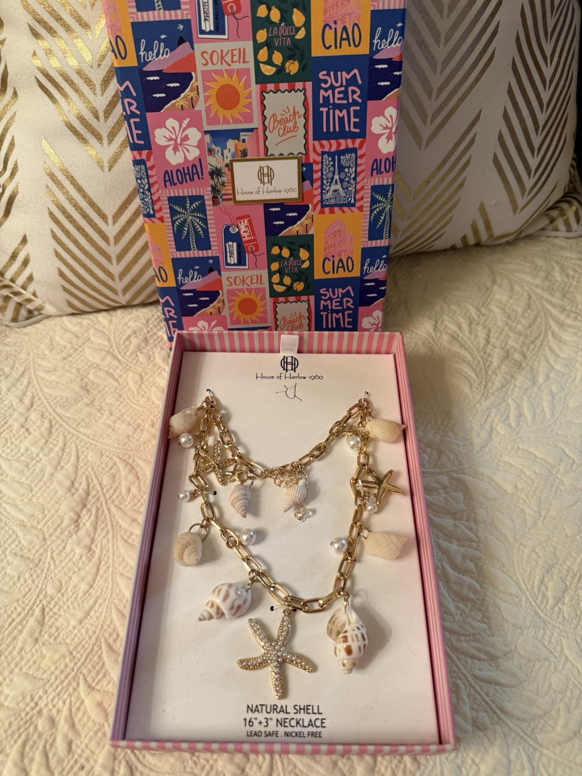 house of Harlow 1960 16”+3”necklace Natural shell gold tone lead safe Nickelfree