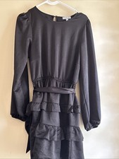 Xtraordinary Black Mini Dress Ruffles Long Sleeves With Tie Pull Over W/bitton