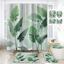Inhousolu 4 Pcs Shower Curtain Set with Non-Slip Rugs, Toilet Plantain Leaves