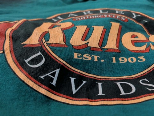 T-shirt vintage Harley Davidson Rules punto singolo verde taglia XLRare anni 90 - Foto 3 di 7
