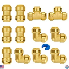 3/4" Push Pex Fittings Pack of 12 - Couplings, Elbows, Tees, No Lead Brass