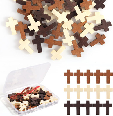 50 PCS Small Wooden Cross 3 Colors, Natural Pocket Prayer Crosses Pendants for