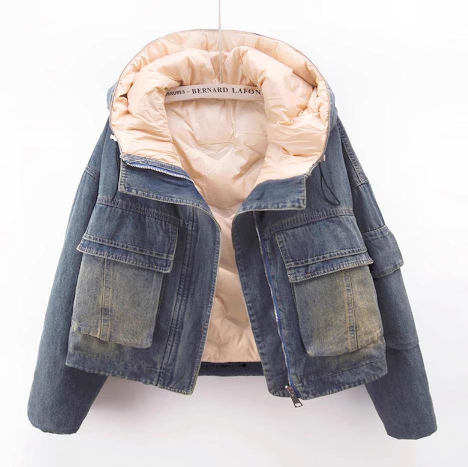 Women's Denim Jean Jacket Winter Warm Down Cotton Hooded Coat