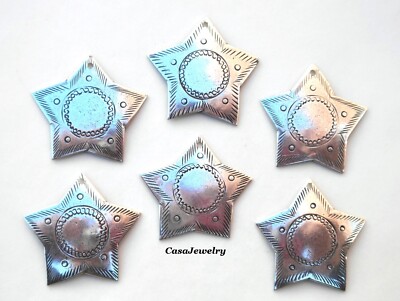 #4204 SMALL ANTIQUED STERLING S/P HILL TRIBE 5 PT STAR W/TOP HANG HOLE - 6 Pcs