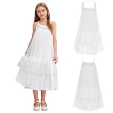 Girl Boho Lace Flower Dress Spaghetti Strap A Line Ruffle Tiered Party Midi Dres