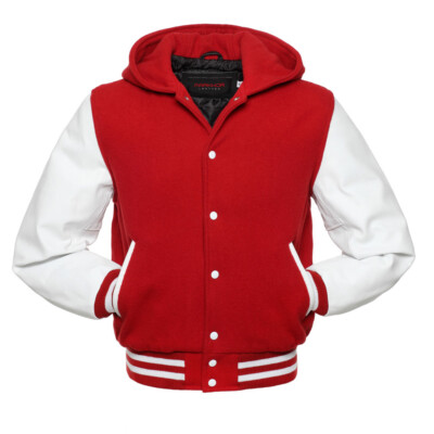 Men's Hooded New Letterman Baseball Bomber Moto Biker Red & White Varsity Jacket