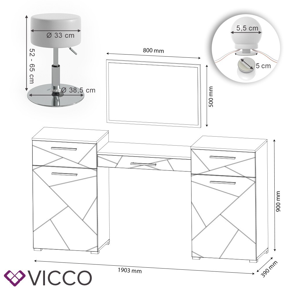 Coiffeuse Irma Vicco Avec Miroir LED Blanc – Table Maquillage à 3 Tiroirs