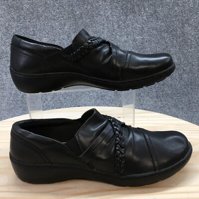 Clarks Loafer Womens 9M Black Cora Braid Round Toe Slip On Wedge Casual Leather