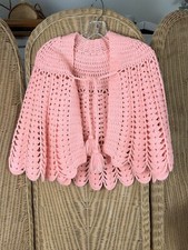 Girls vintage crochet shawl poncho pink bubblegum pom pom Handmade