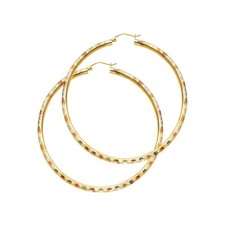 Gold 14K Tri Color Gold 3mm Diamond Cut Hoop Earrings