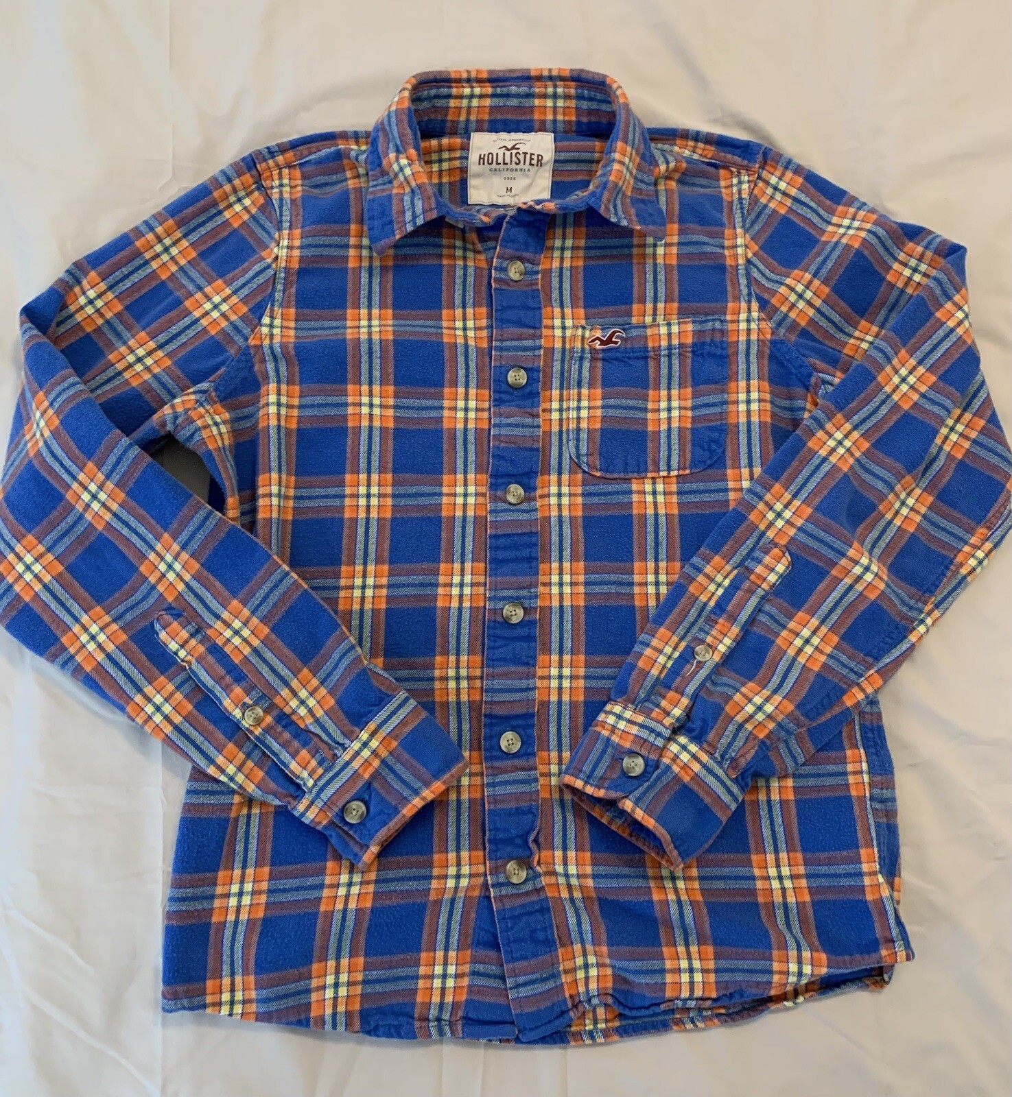 Hollister Flannel Shirt Mens Medium Long Sleeve Blue/Orange Plaid Outdoor Casual-image