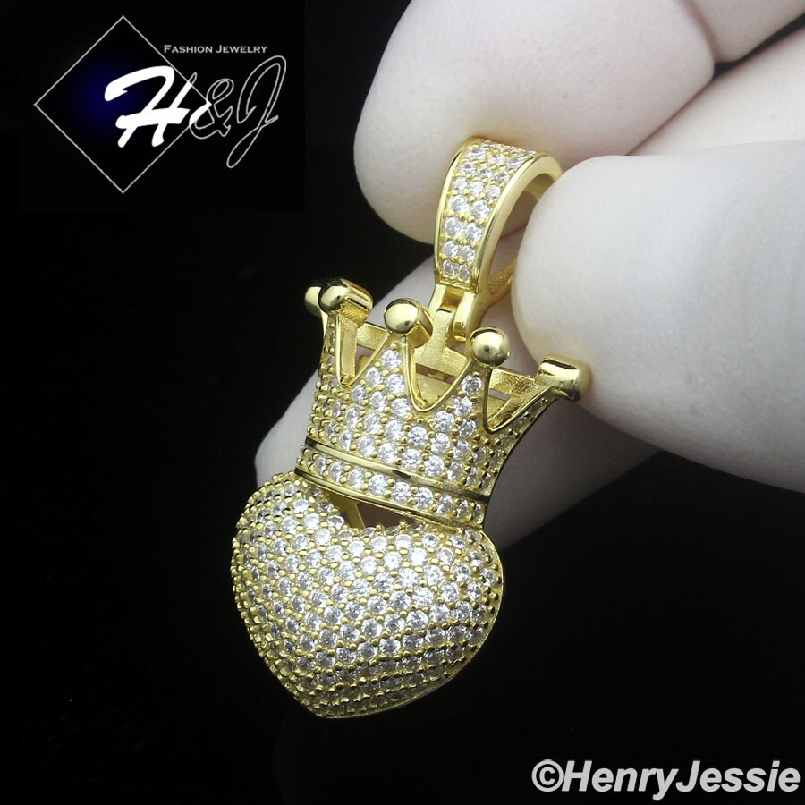 WOMEN 925 STERLING SILVER ICY CZ GOLD PLATED 3D HEART SHAPE