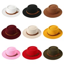 Women Men Vintage Wide Brim Warm Wool Fedora Hat Belt Panama Hat Felt Jazz Hat