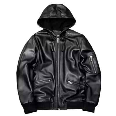 New Men's Hooded Bomber Leather Jacket| Genuine Sheepskin Leather Biker Jacket M