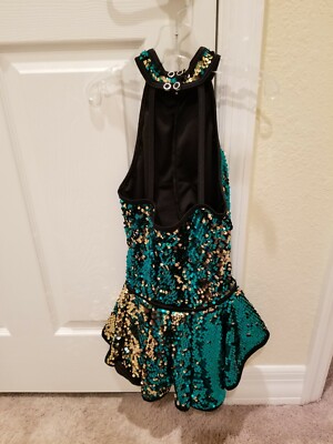 Girls Dress Dance Sequin Emerald Green Gold and Black Medium | eBay Girls Dress Dance Sequin Emerald Green Gold and Black Medium | eBay