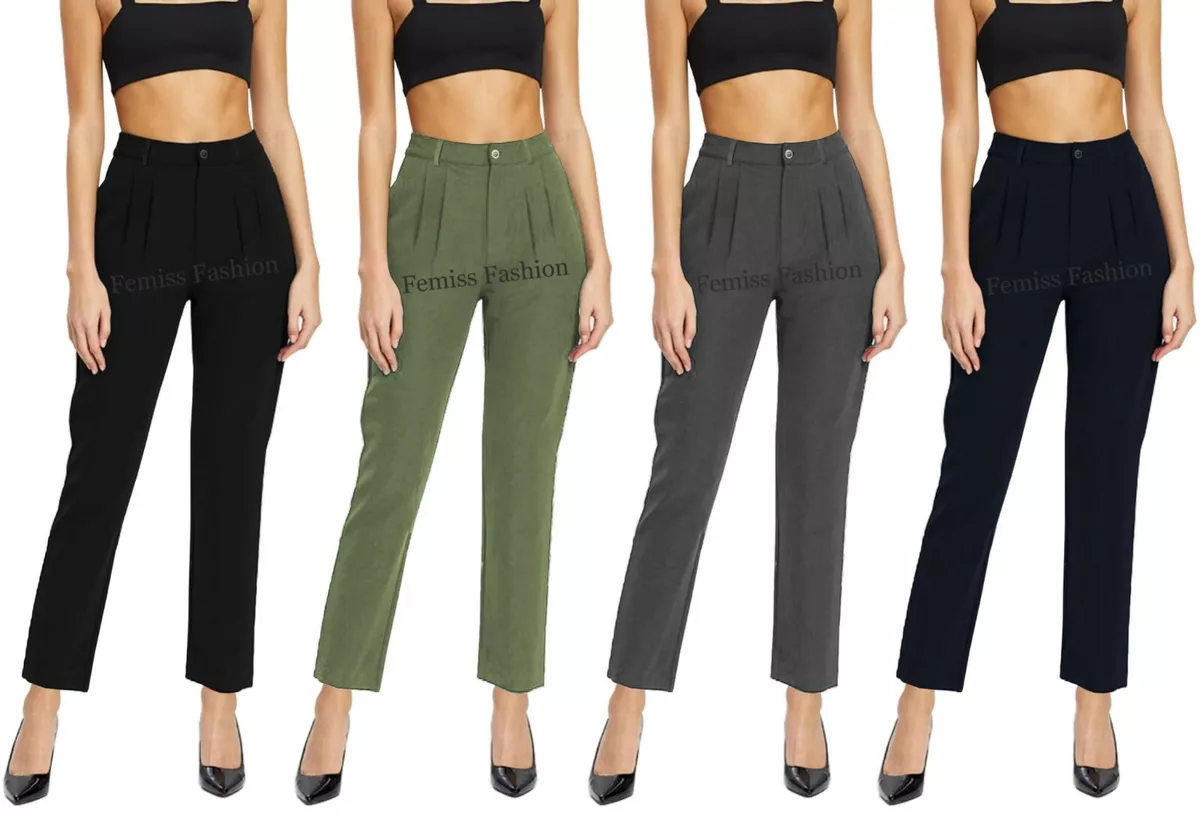 Women Black Smart Trousers High Waisted Front Pleated Tapered Leg