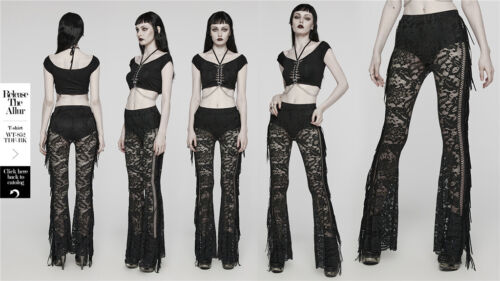 Punk Rave Mujeres Punk Sexy Calce Ajustado Pantalones Gótico Floral Malla Encaje Pantalones Acampanados - Imagen 2 de 29