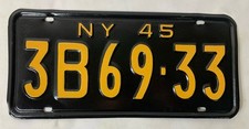 New York License Plate - 1945 YOM, NY ‘45 NYC, Nicely Restored, Vtg ‘3B69-33’