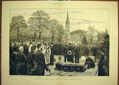 Original alter antiker Druck 1882 Beerdigung Cavendish Edensor Kirchhof Chatsworth