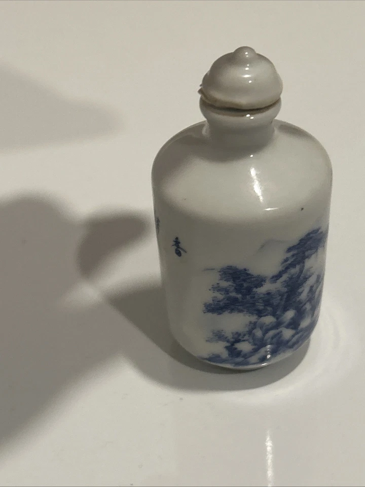 Botella de tabaco antigua china del siglo XVIII con figura de porcelana azul blanco Foto 3 de 4