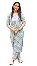 GoSriKi Women Green & Pink Floral Printed Kurta with Trousers
