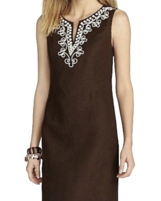 Talbots Women Size 8  Brown  100% Linen Sheath Embroidered Brunch Dress