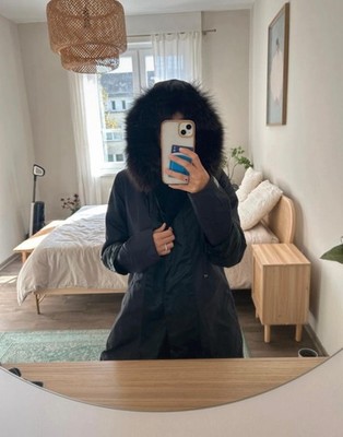 S  MaxMara Wollmantel mit Kapuze & Fellbesatz Schwarz Design Gr. S