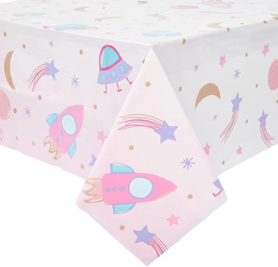 Paquete de 3 manteles espaciales de plástico rosa para niñas espacio exterior fiesta de cumpleaños suministro Foto 3 de 4