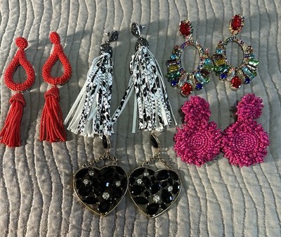 Lot Of 5 Large Statement Costume Earrings Pierced Dangle, Some Rhinestone