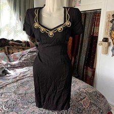 Vintage Taurus II Black Gold Rope Pearl Short Sleeve Sheath Dress Shoulder Pads