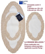 Tris centri lino pizzo tombolo e cantù fatti a mano  ovali con rose e perline