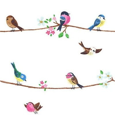 Colorful birds perched on thin kids nursery yellow blue pink on white wallpaper