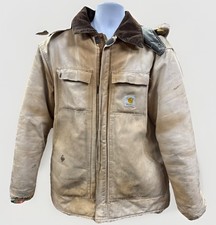 Vintage Carhartt Chore Coat Mens 46 Tan Distressed Hooded Jacket Quilt Lined USA