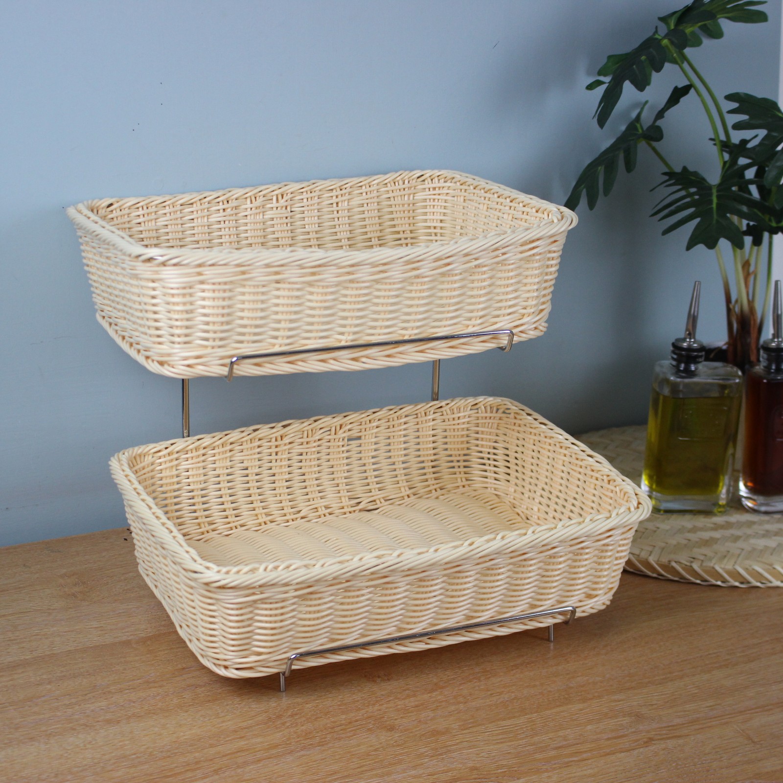 2 Tier Bread Basket With Metal Stand Polyrattan Storage Containers Kitchen Rack