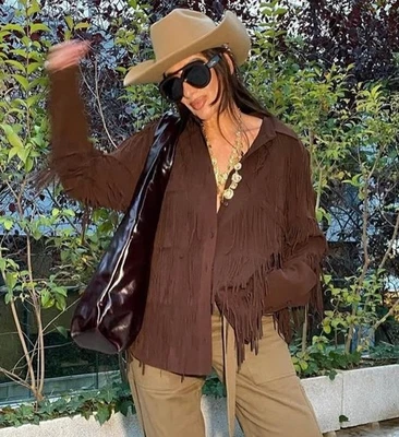 ZARA BOHO WESTERN COWBOY ASYMMETRIC LONG MAXI FRINGE TASSEL SHIRT SHACKET JACKET - Image 1 of 4