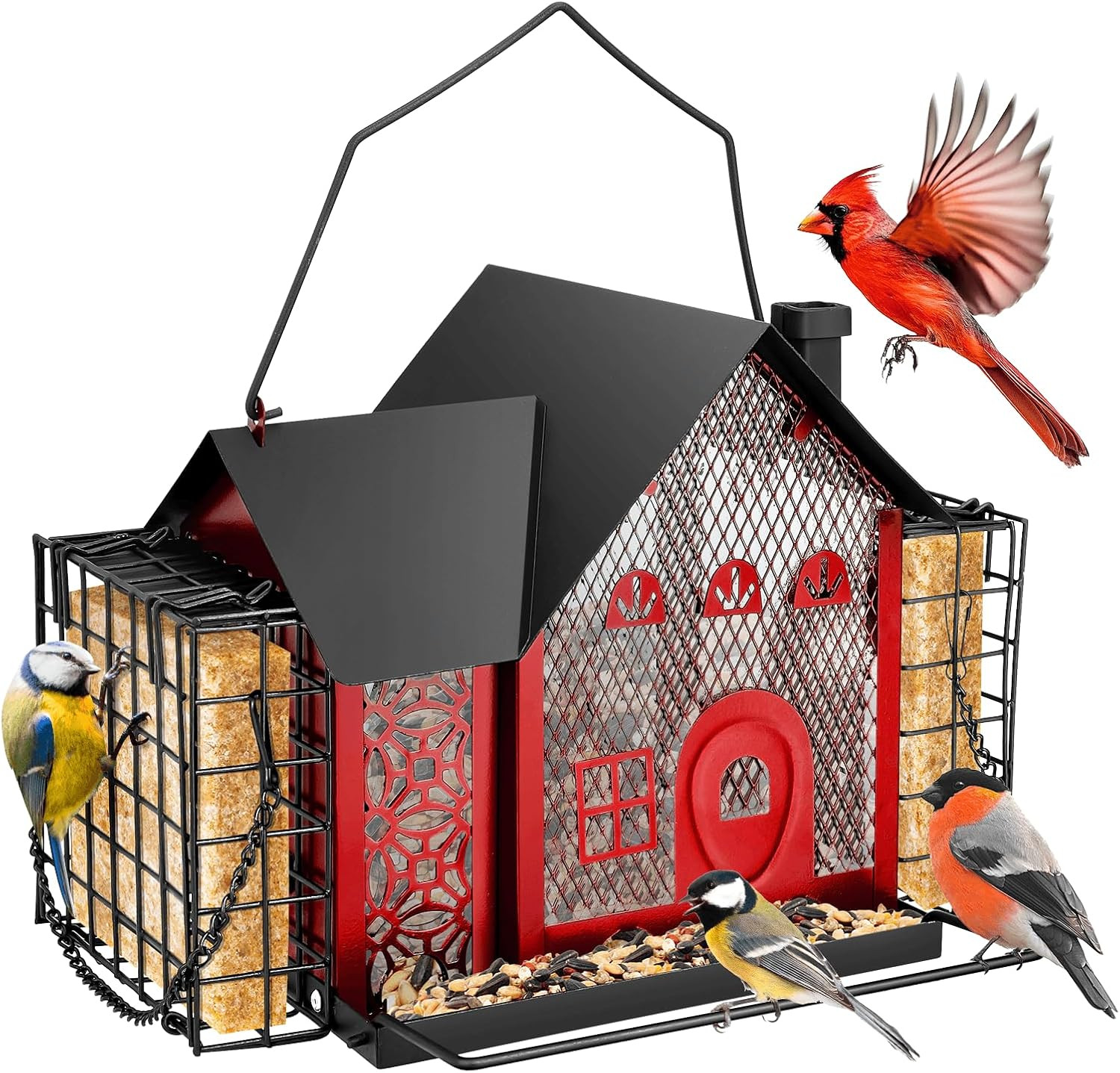 Outdoor Hanging Metal Bird Feeder with Double Suet Cage - Large Capacity