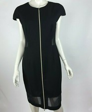 L'Agence Mesh Cutout Zip-Front Dress Cap Sleeve Crew Neck Midi Black Women 8