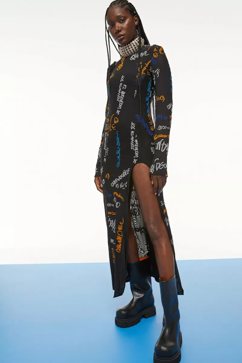 H M STUDIO M L LONG MESH DRESS Embroidered Text Cut Out Details