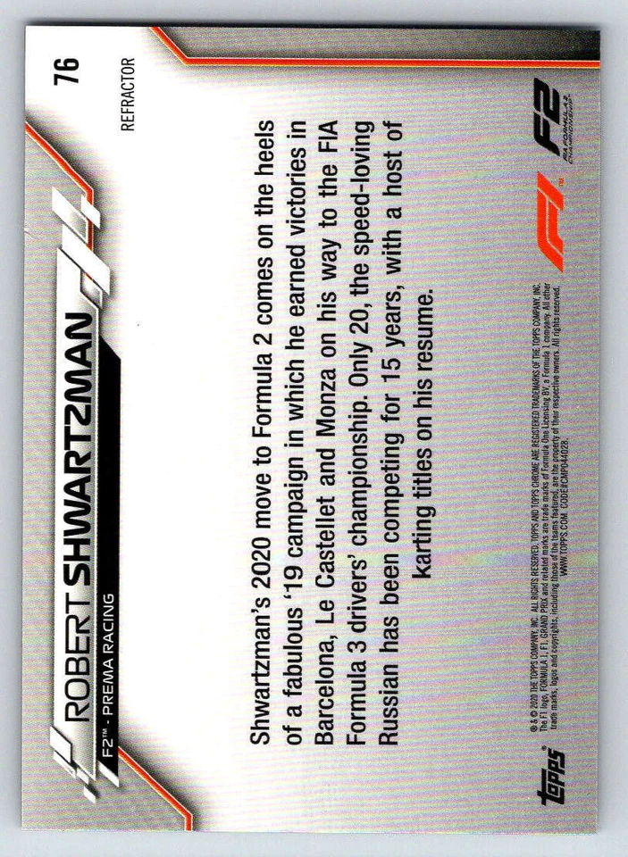 2020 Topps Chrome Formula 1 Refractors #76 Robert Shwartzman (ref 219944) - Image 2 of 2