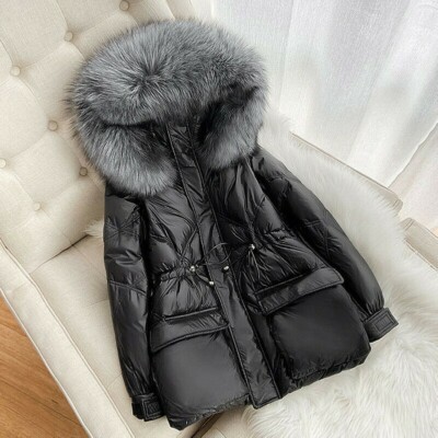 Damen Entendaunenjacke Kapuze Mantel warm Oberbekleidung Kordelzug Tops Kunstfellkragen