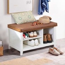 Shoe Bench Storage Bench with Cushion for Entryway Shoe Organization Brown-white