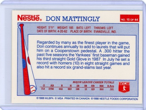 Don Mattingly 1988 Nestle Baseballkarte #15 NY Yankees in Top Loader - Bild 4 von 6