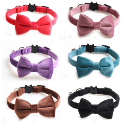 (CC087) Plain Coloured Velvet Bow Tie Cat Collar, Safety Release, Bow & Bell