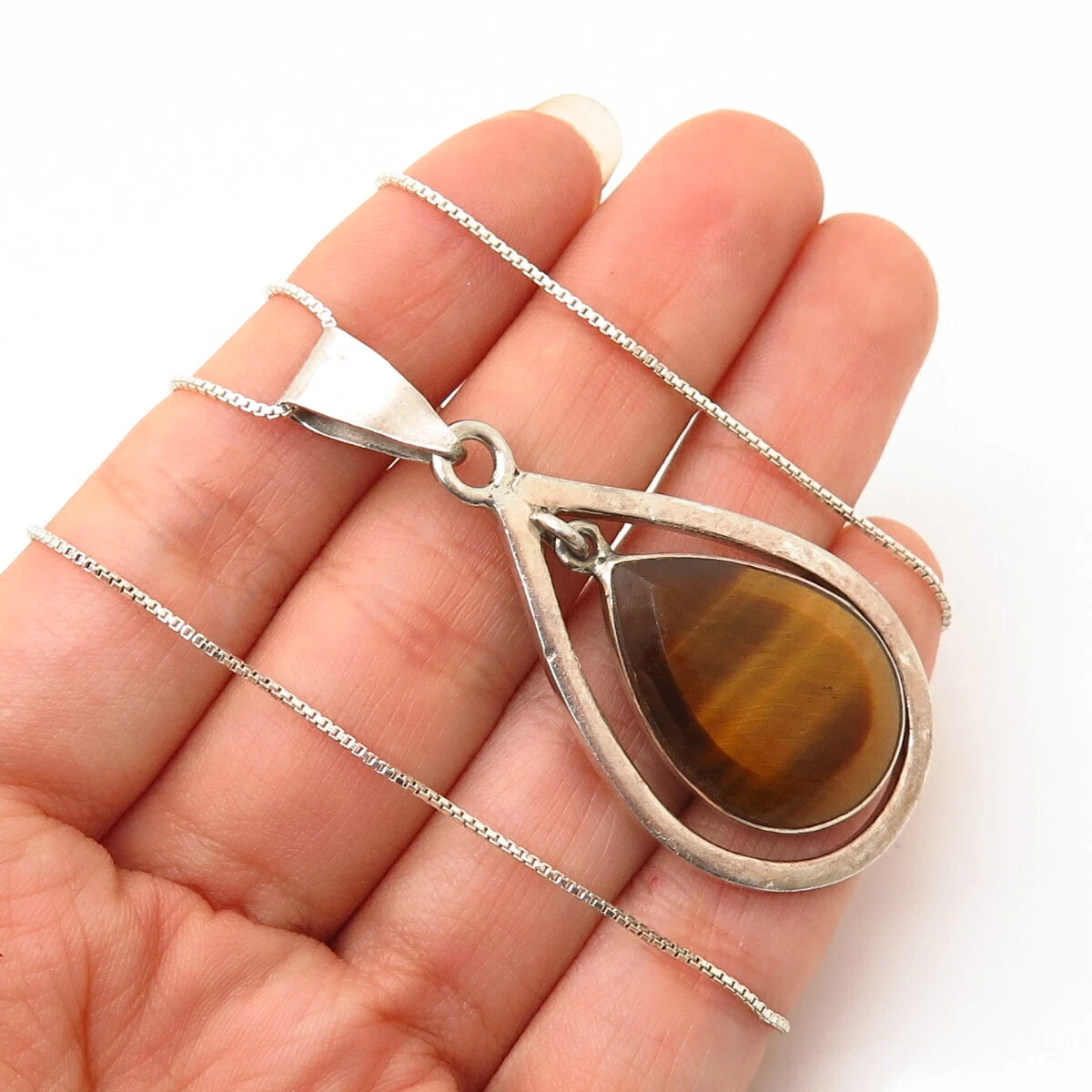 925 Sterling Silver Italy Real Tiger Eye Gemstone Pendant Box Chain Necklace 17