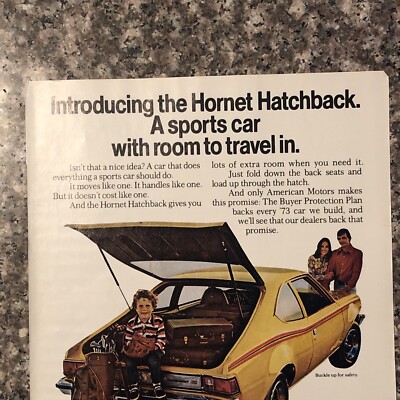 1973 AMC Hornet Hatchback PRINT AD Yellow Sports Car w Room To