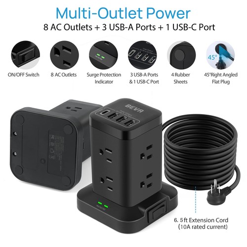 Power Strip Tower Surge Protector with USB Ports 6.5 FT Extension Cord Charging - Picture 4 of 7