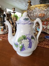 Rare Mulberry Purple Polychrome Transferware Staffordshire Teapot Grapes