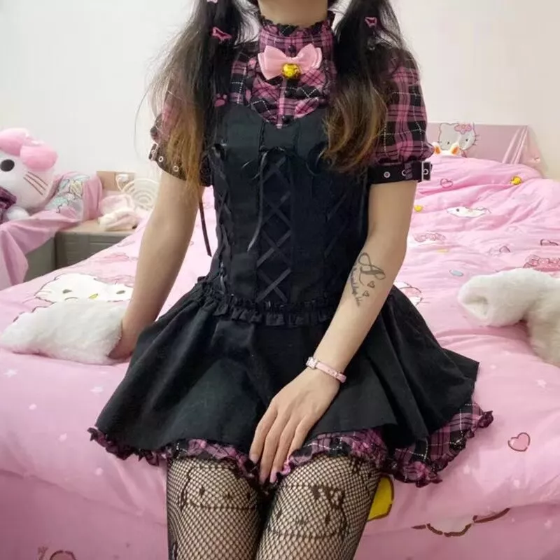 Japanese Kawaii Clothing Gothic Lolita Dress Plaid Punk Harajuku Black Pink